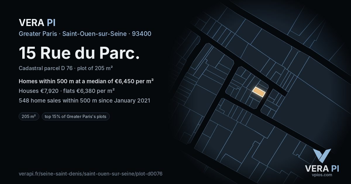 15 Rue du Parc, Saint-Ouen-sur-Seine at night – the plot lit, the parcels around coloured by the prices near them
