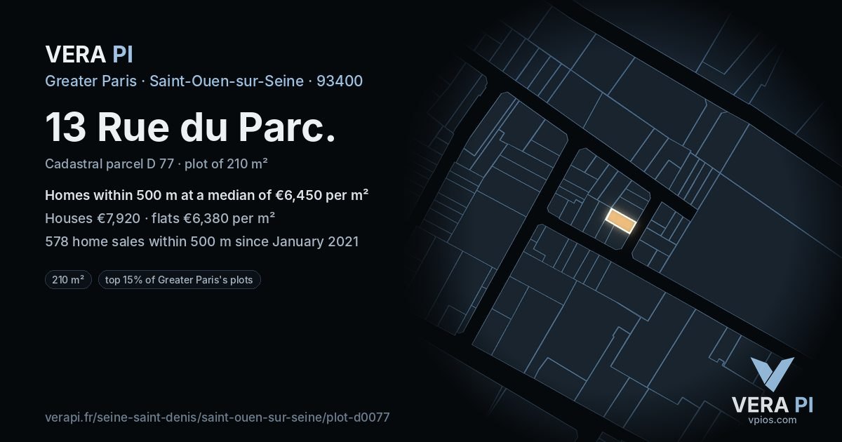 13 Rue du Parc, Saint-Ouen-sur-Seine at night – the plot lit, the parcels around coloured by the prices near them