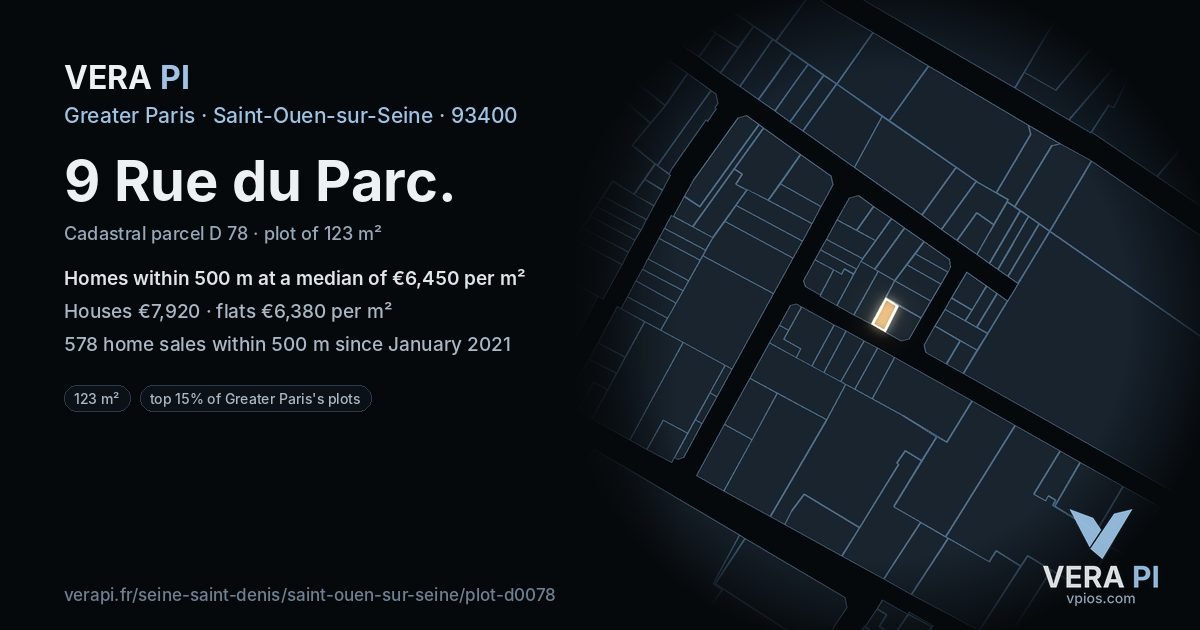9 Rue du Parc, Saint-Ouen-sur-Seine at night – the plot lit, the parcels around coloured by the prices near them