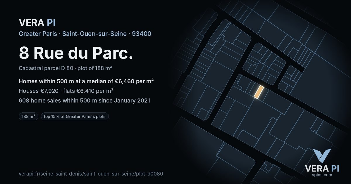 8 Rue du Parc, Saint-Ouen-sur-Seine at night – the plot lit, the parcels around coloured by the prices near them