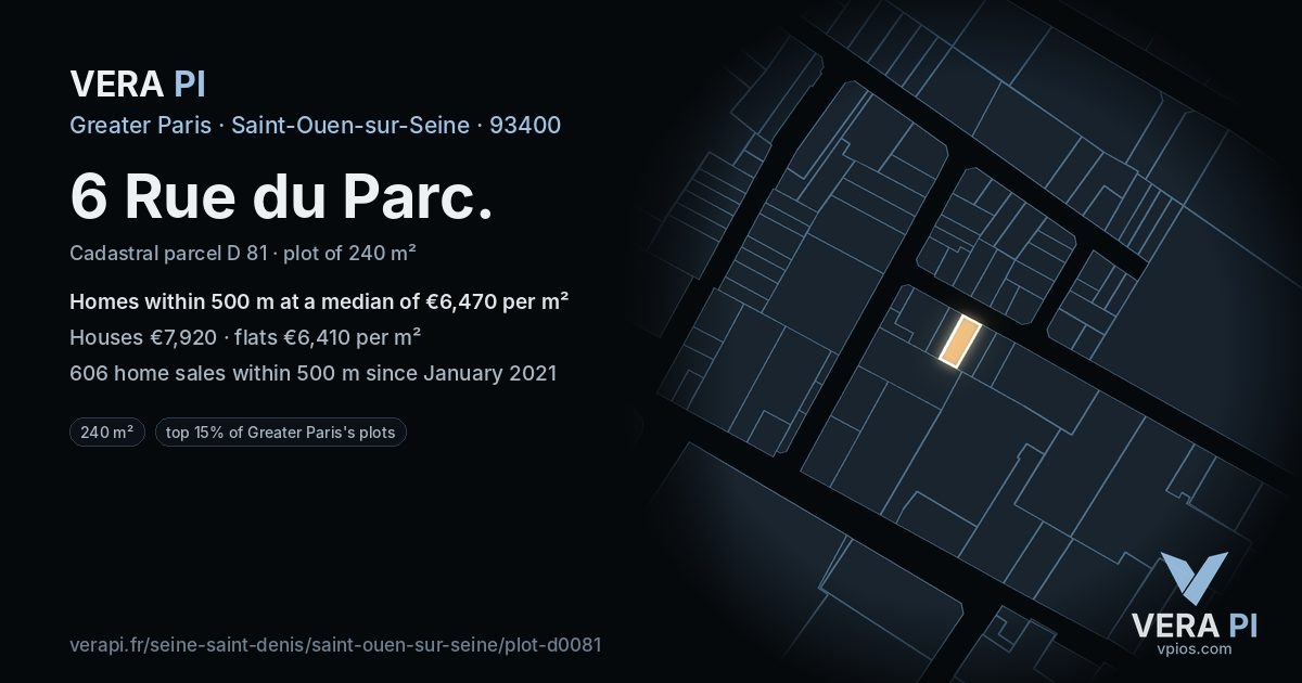 6 Rue du Parc, Saint-Ouen-sur-Seine at night – the plot lit, the parcels around coloured by the prices near them