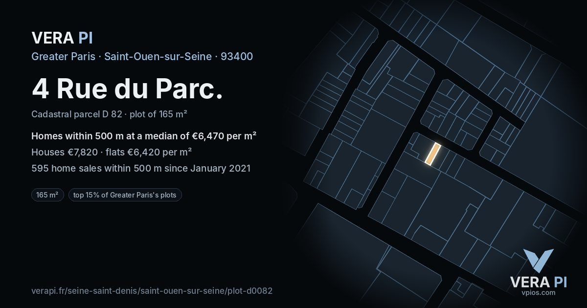 4 Rue du Parc, Saint-Ouen-sur-Seine at night – the plot lit, the parcels around coloured by the prices near them