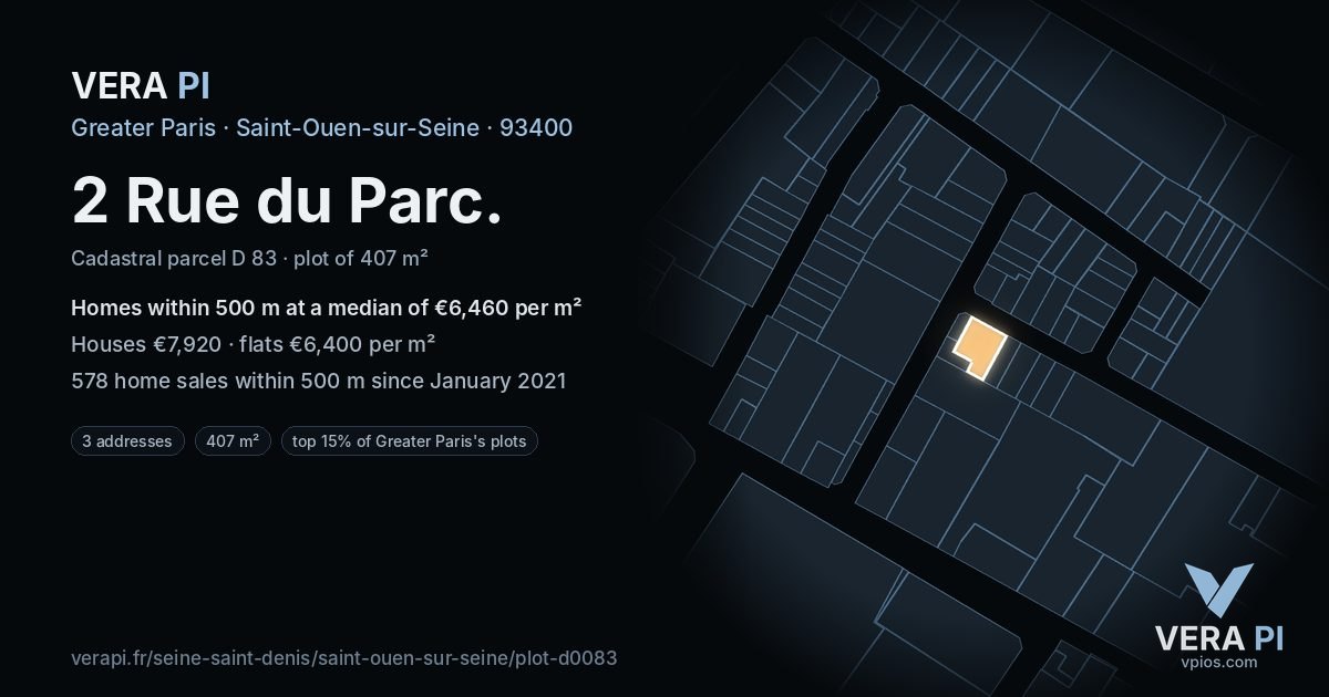 2 Rue du Parc, Saint-Ouen-sur-Seine at night – the plot lit, the parcels around coloured by the prices near them