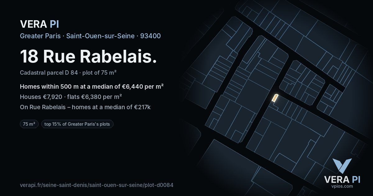 18 Rue Rabelais, Saint-Ouen-sur-Seine at night – the plot lit, the parcels around coloured by the prices near them