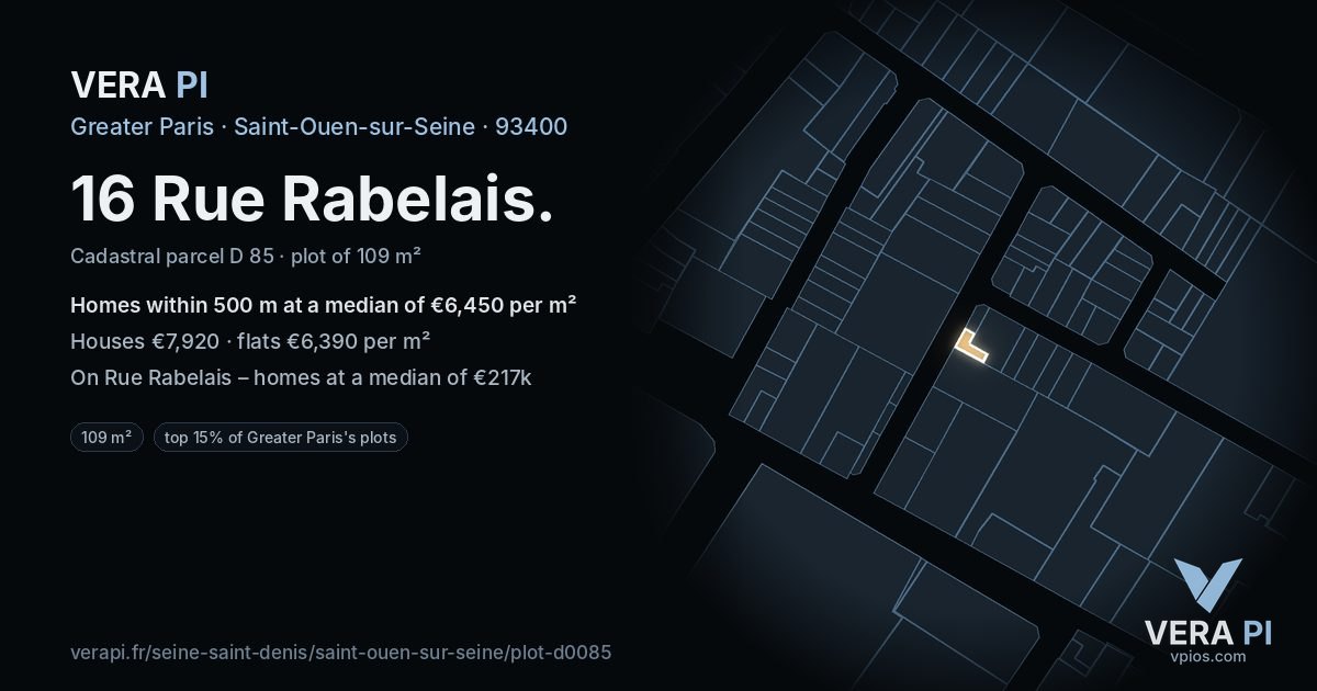 16 Rue Rabelais, Saint-Ouen-sur-Seine at night – the plot lit, the parcels around coloured by the prices near them