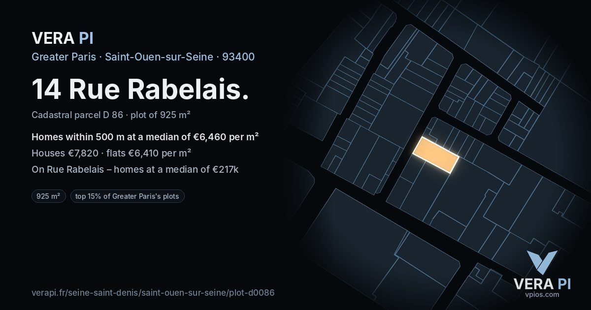 14 Rue Rabelais, Saint-Ouen-sur-Seine at night – the plot lit, the parcels around coloured by the prices near them
