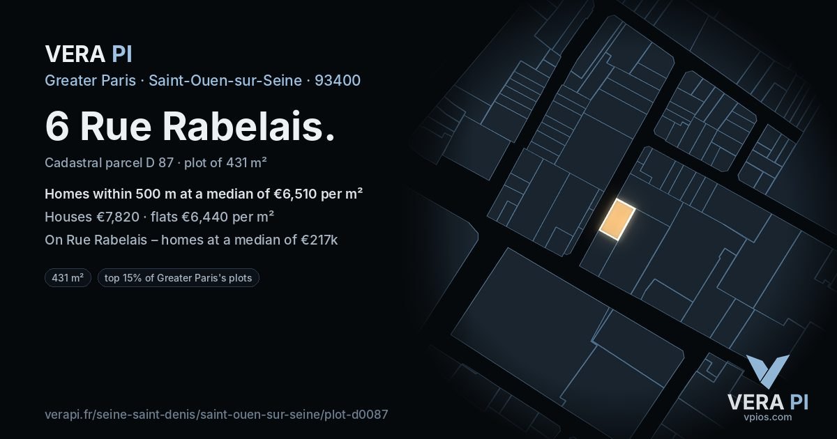 6 Rue Rabelais, Saint-Ouen-sur-Seine at night – the plot lit, the parcels around coloured by the prices near them