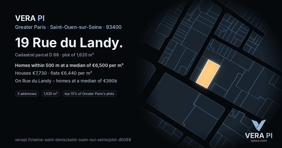 19 Rue du Landy, Saint-Ouen-sur-Seine at night – the plot lit, the parcels around coloured by the prices near them