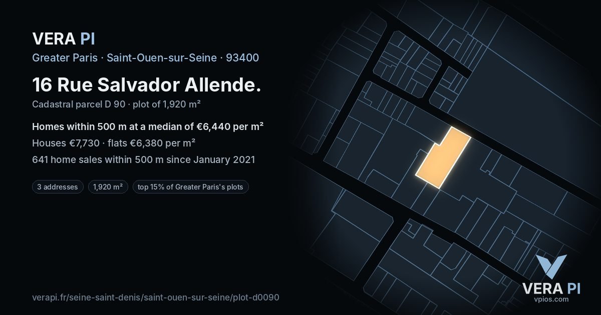 16 Rue Salvador Allende, Saint-Ouen-sur-Seine at night – the plot lit, the parcels around coloured by the prices near them