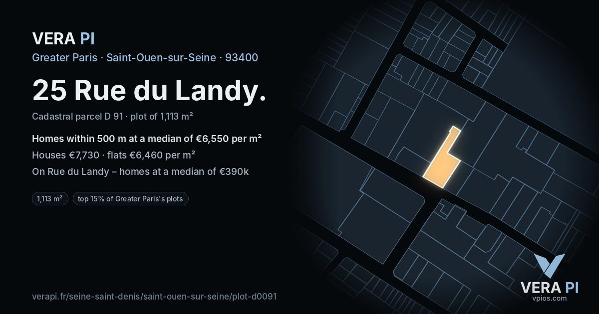 25 Rue du Landy, Saint-Ouen-sur-Seine at night – the plot lit, the parcels around coloured by the prices near them