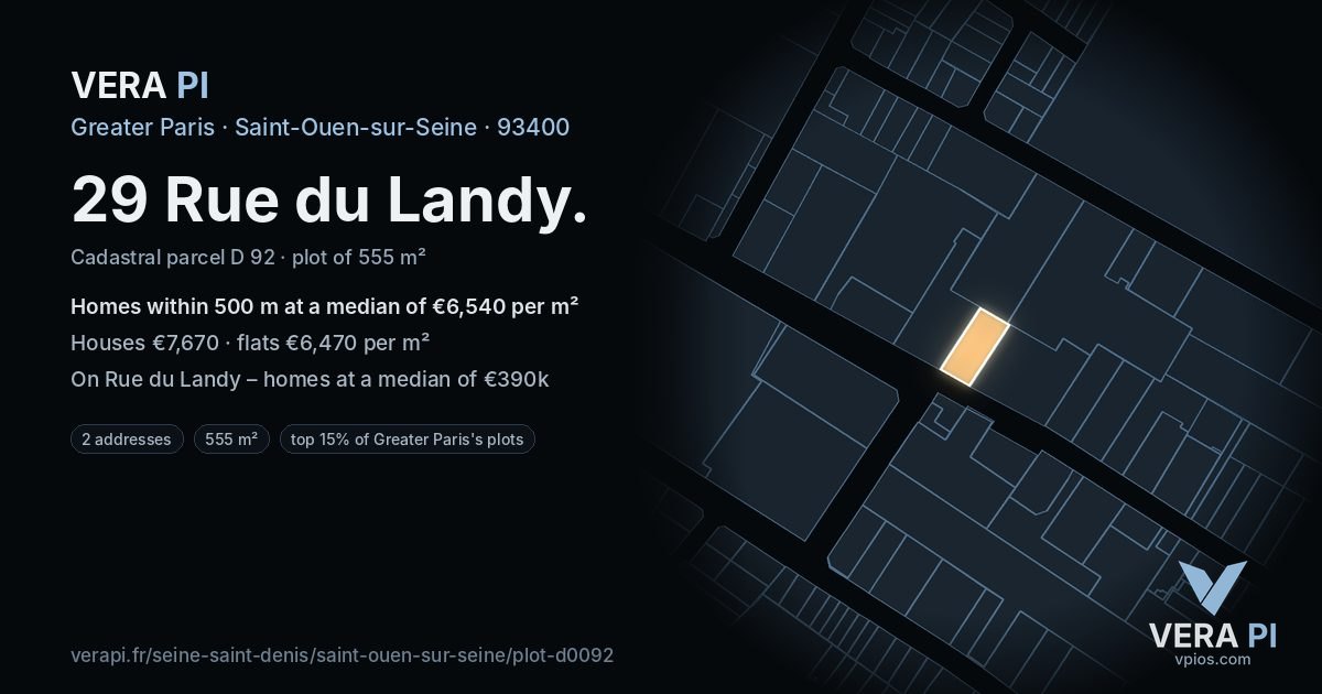 29 Rue du Landy, Saint-Ouen-sur-Seine at night – the plot lit, the parcels around coloured by the prices near them