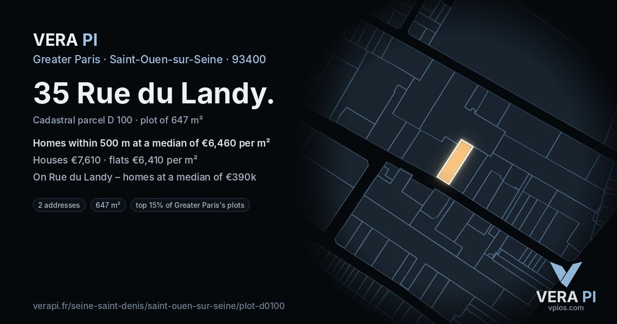 35 Rue du Landy, Saint-Ouen-sur-Seine at night – the plot lit, the parcels around coloured by the prices near them