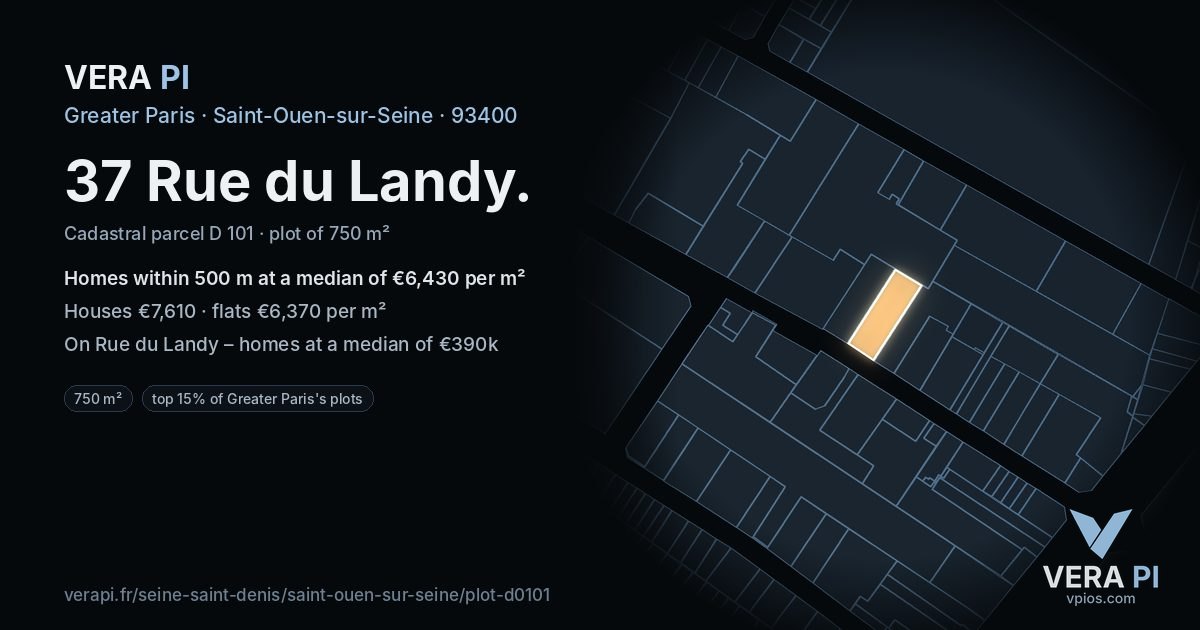 37 Rue du Landy, Saint-Ouen-sur-Seine at night – the plot lit, the parcels around coloured by the prices near them