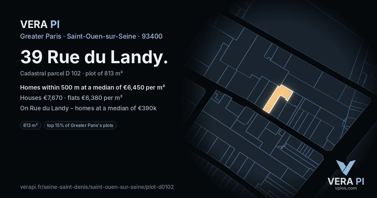 39 Rue du Landy, Saint-Ouen-sur-Seine at night – the plot lit, the parcels around coloured by the prices near them