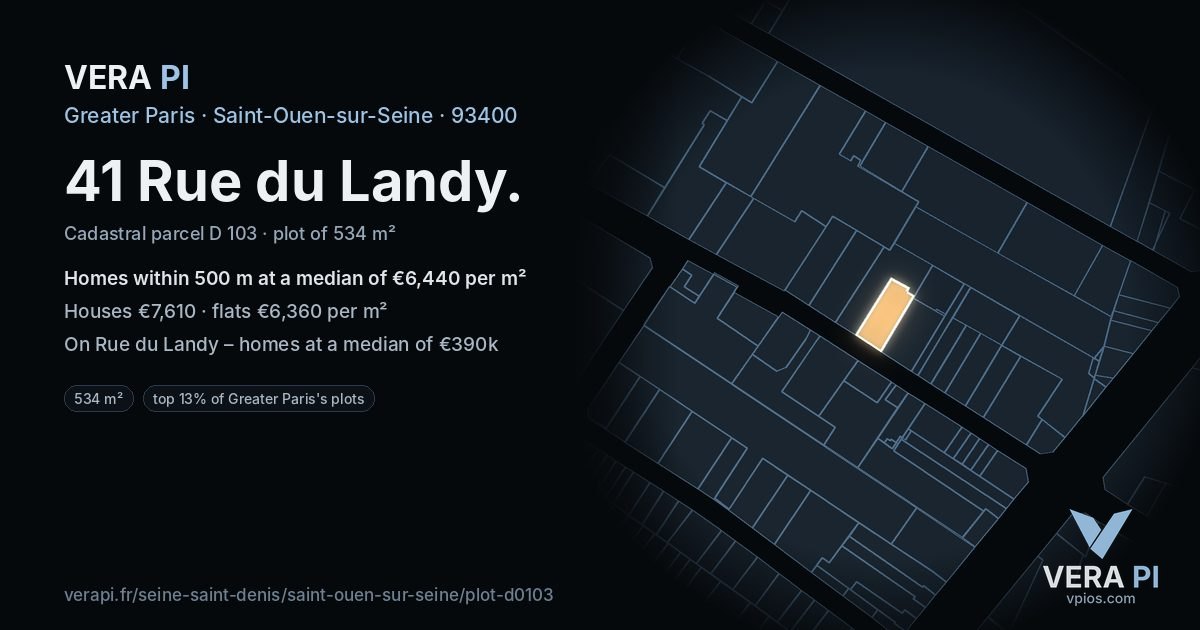 41 Rue du Landy, Saint-Ouen-sur-Seine at night – the plot lit, the parcels around coloured by the prices near them