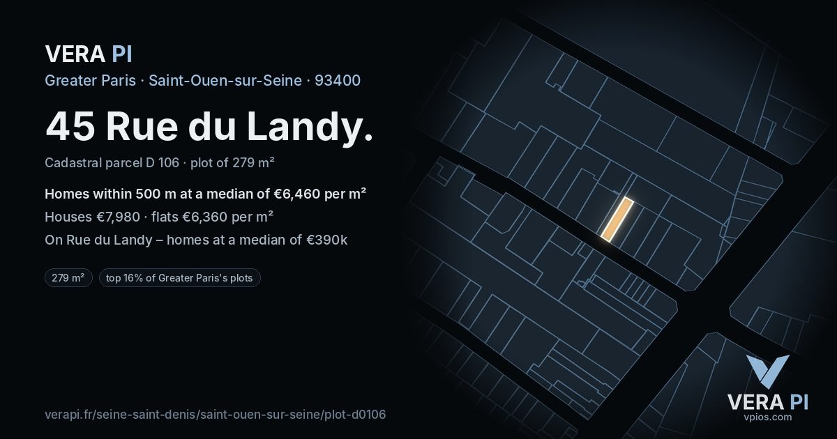 45 Rue du Landy, Saint-Ouen-sur-Seine at night – the plot lit, the parcels around coloured by the prices near them
