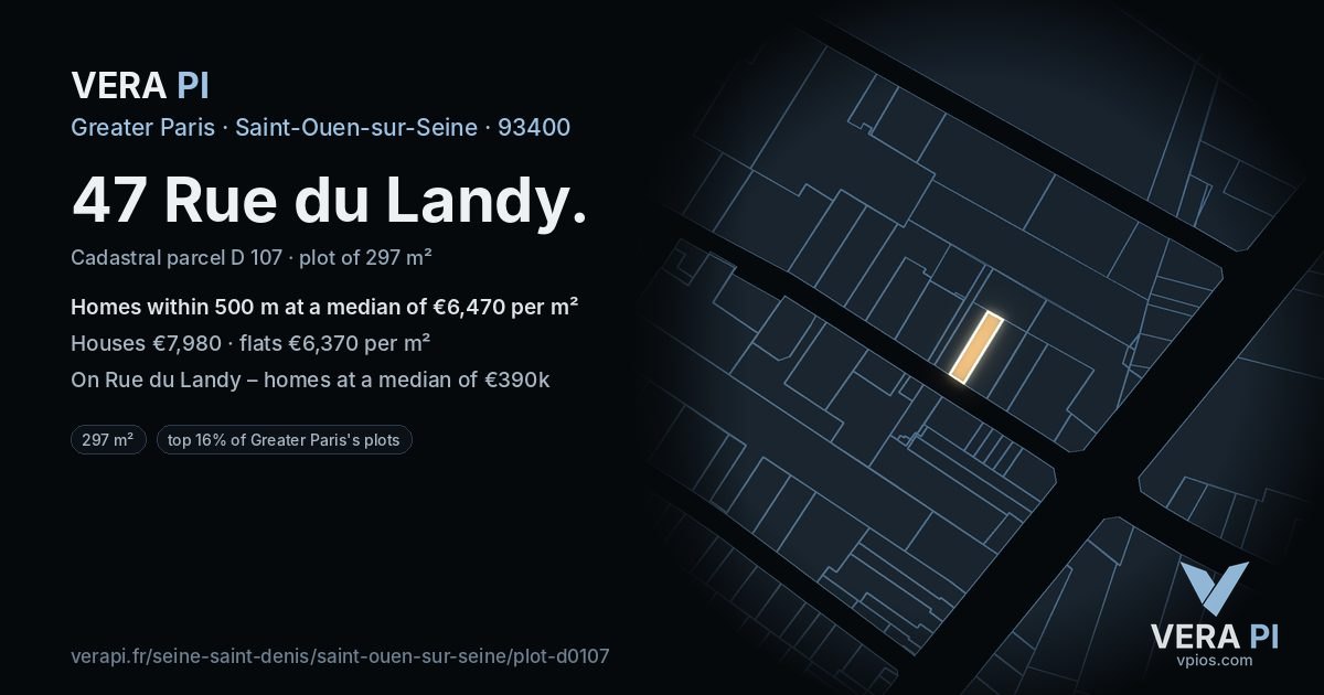 47 Rue du Landy, Saint-Ouen-sur-Seine at night – the plot lit, the parcels around coloured by the prices near them