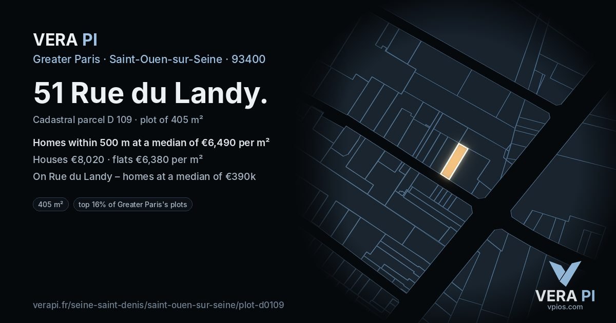 51 Rue du Landy, Saint-Ouen-sur-Seine at night – the plot lit, the parcels around coloured by the prices near them