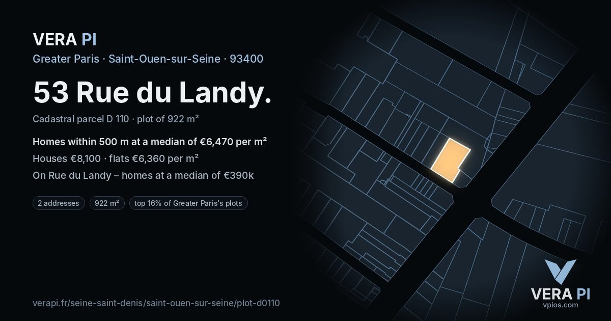 53 Rue du Landy, Saint-Ouen-sur-Seine at night – the plot lit, the parcels around coloured by the prices near them