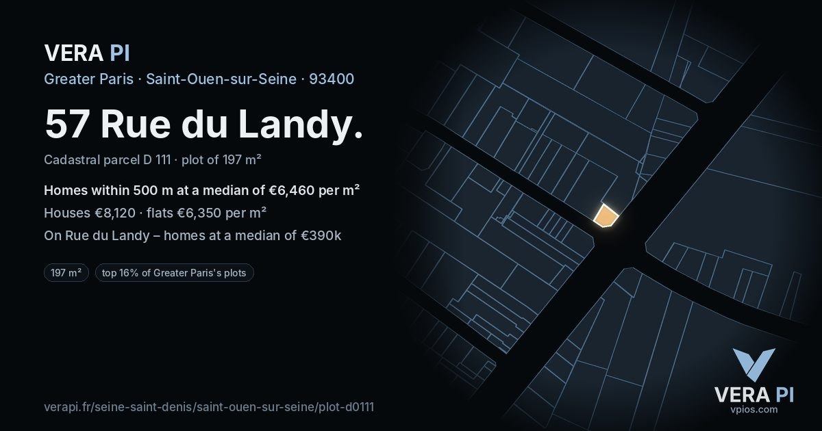 57 Rue du Landy, Saint-Ouen-sur-Seine at night – the plot lit, the parcels around coloured by the prices near them