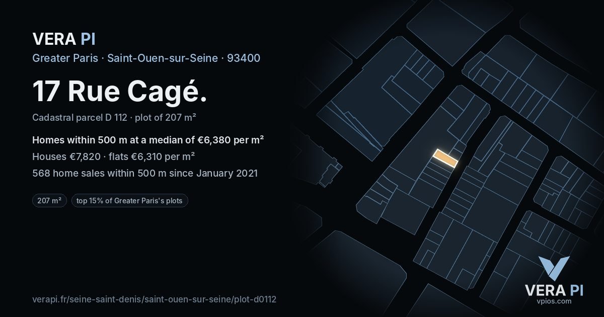 17 Rue Cagé, Saint-Ouen-sur-Seine at night – the plot lit, the parcels around coloured by the prices near them