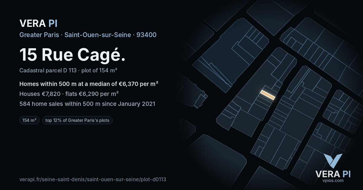 15 Rue Cagé, Saint-Ouen-sur-Seine at night – the plot lit, the parcels around coloured by the prices near them