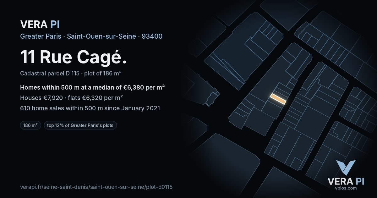 11 Rue Cagé, Saint-Ouen-sur-Seine at night – the plot lit, the parcels around coloured by the prices near them