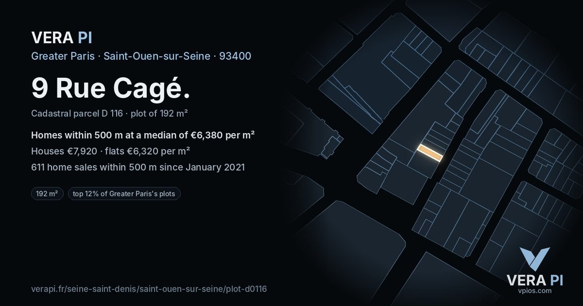9 Rue Cagé, Saint-Ouen-sur-Seine at night – the plot lit, the parcels around coloured by the prices near them