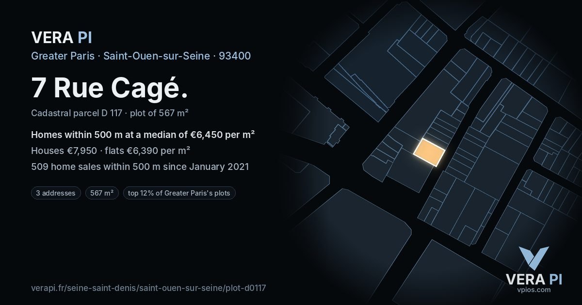 7 Rue Cagé, Saint-Ouen-sur-Seine at night – the plot lit, the parcels around coloured by the prices near them