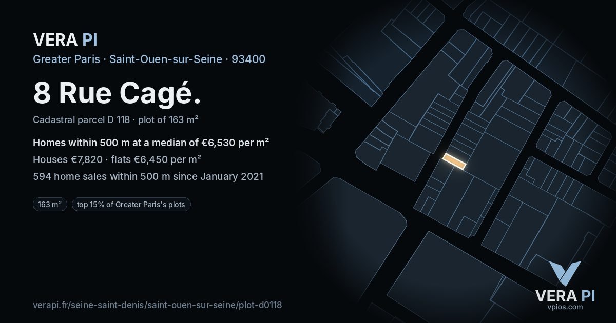 8 Rue Cagé, Saint-Ouen-sur-Seine at night – the plot lit, the parcels around coloured by the prices near them