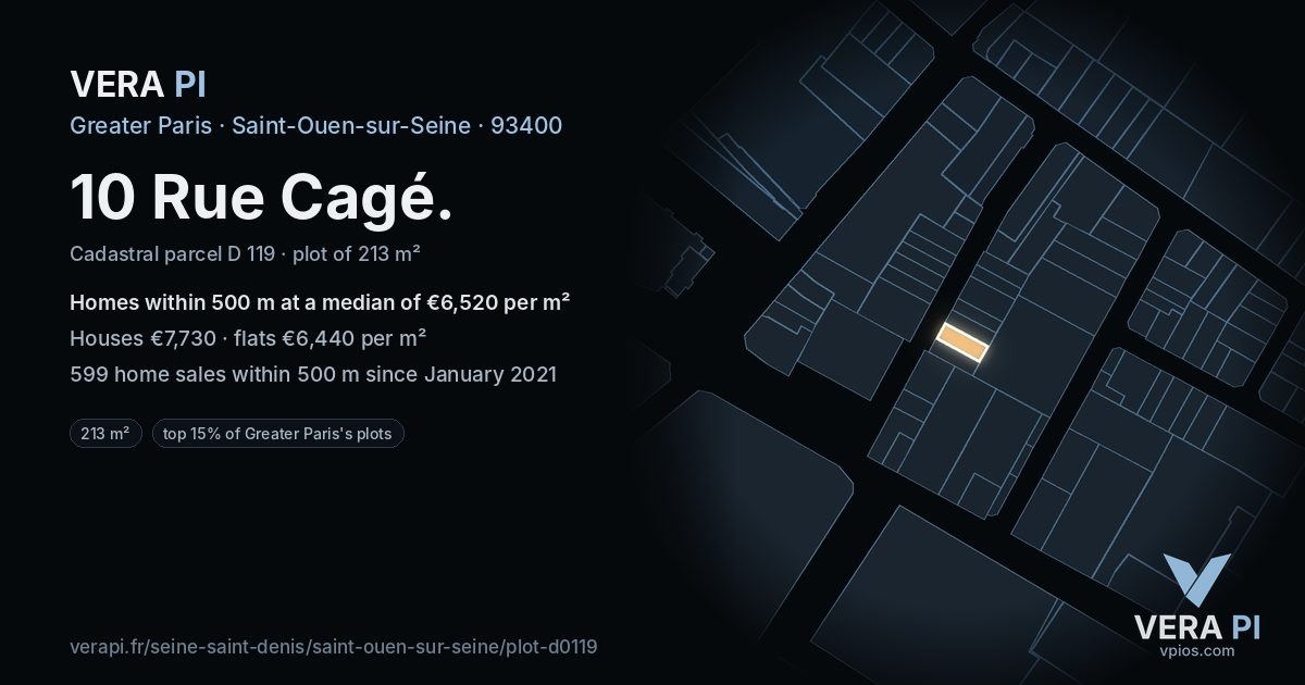 10 Rue Cagé, Saint-Ouen-sur-Seine at night – the plot lit, the parcels around coloured by the prices near them