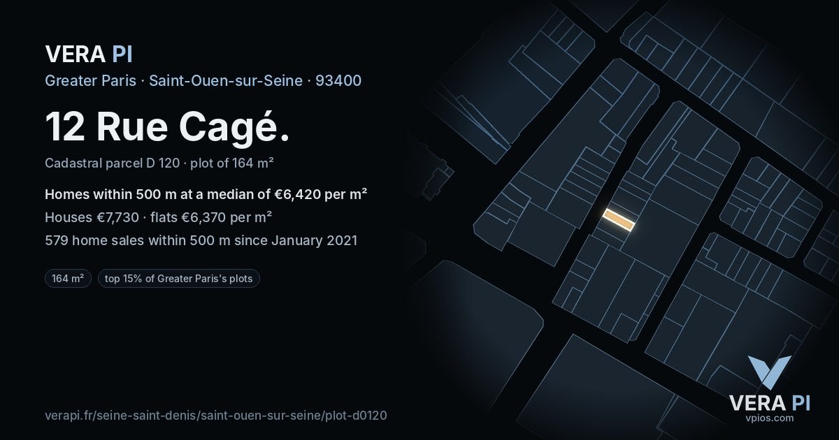 12 Rue Cagé, Saint-Ouen-sur-Seine at night – the plot lit, the parcels around coloured by the prices near them
