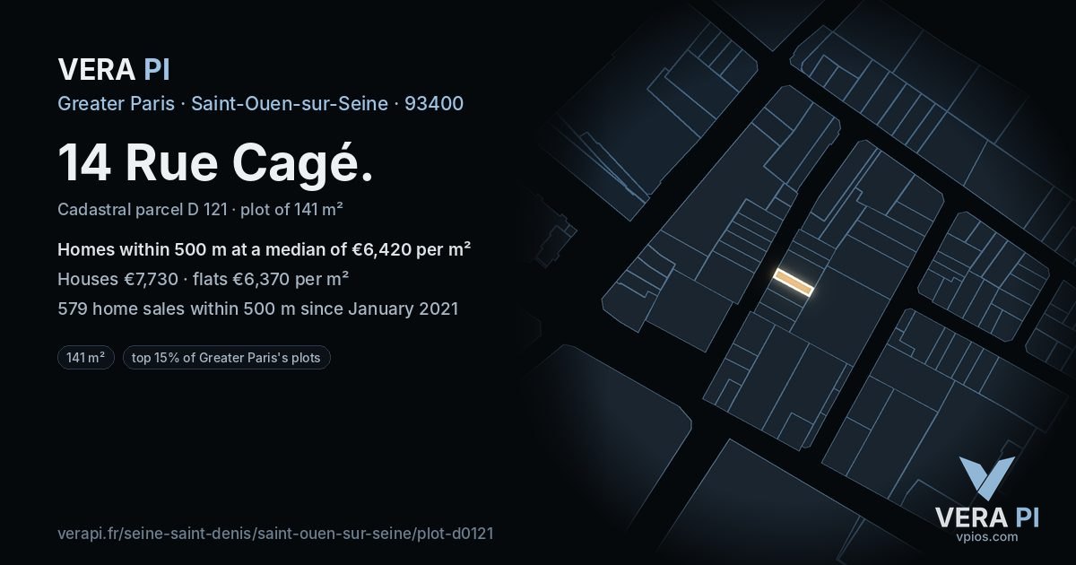 14 Rue Cagé, Saint-Ouen-sur-Seine at night – the plot lit, the parcels around coloured by the prices near them