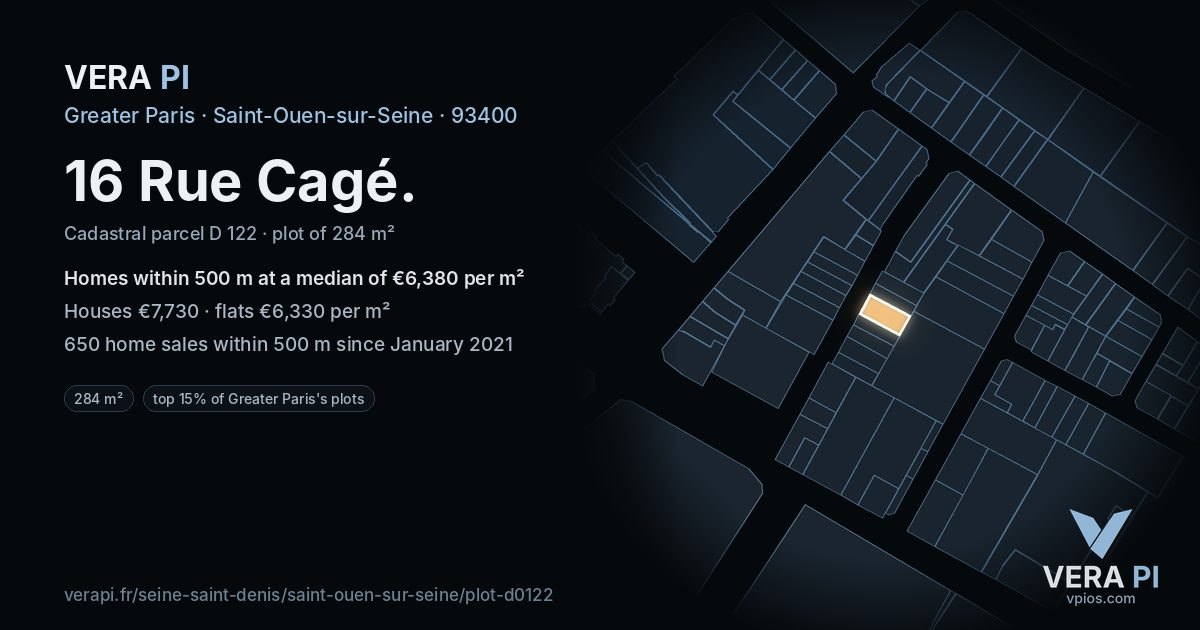 16 Rue Cagé, Saint-Ouen-sur-Seine at night – the plot lit, the parcels around coloured by the prices near them