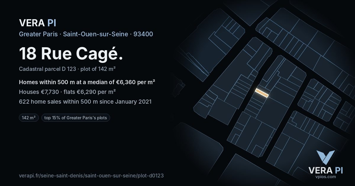 18 Rue Cagé, Saint-Ouen-sur-Seine at night – the plot lit, the parcels around coloured by the prices near them
