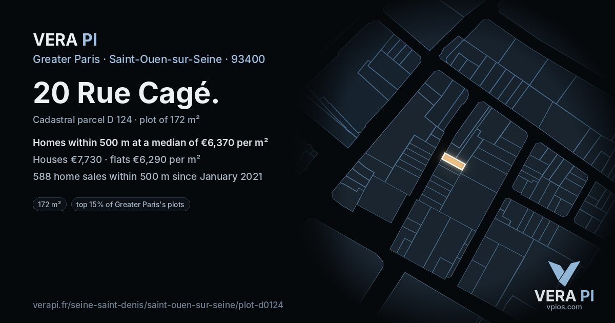 20 Rue Cagé, Saint-Ouen-sur-Seine at night – the plot lit, the parcels around coloured by the prices near them