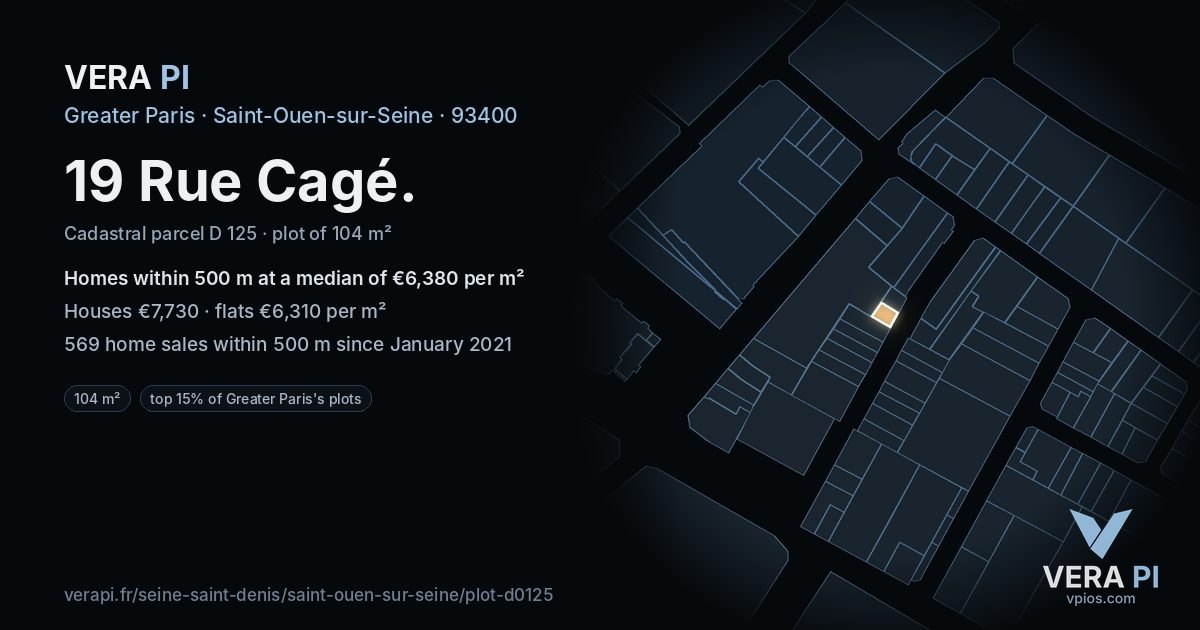 19 Rue Cagé, Saint-Ouen-sur-Seine at night – the plot lit, the parcels around coloured by the prices near them