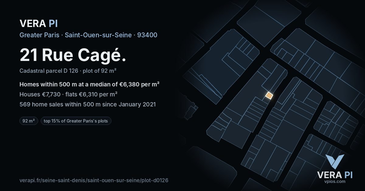 21 Rue Cagé, Saint-Ouen-sur-Seine at night – the plot lit, the parcels around coloured by the prices near them