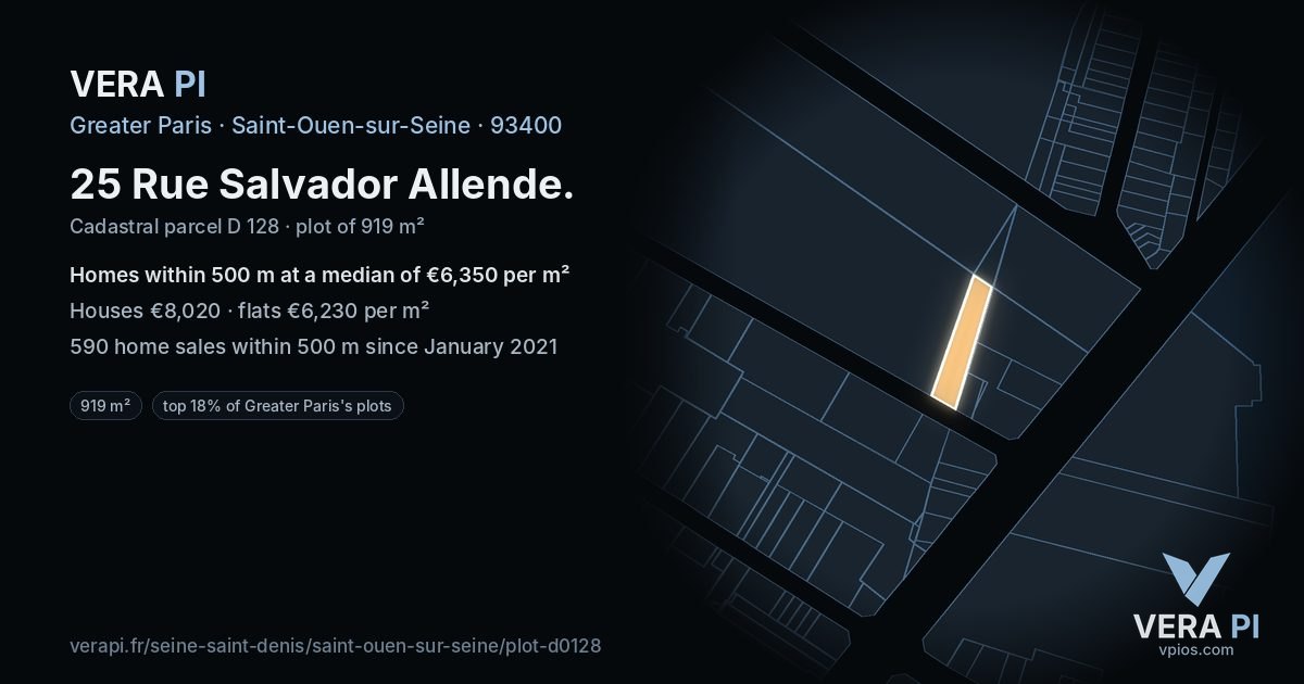 25 Rue Salvador Allende, Saint-Ouen-sur-Seine at night – the plot lit, the parcels around coloured by the prices near them