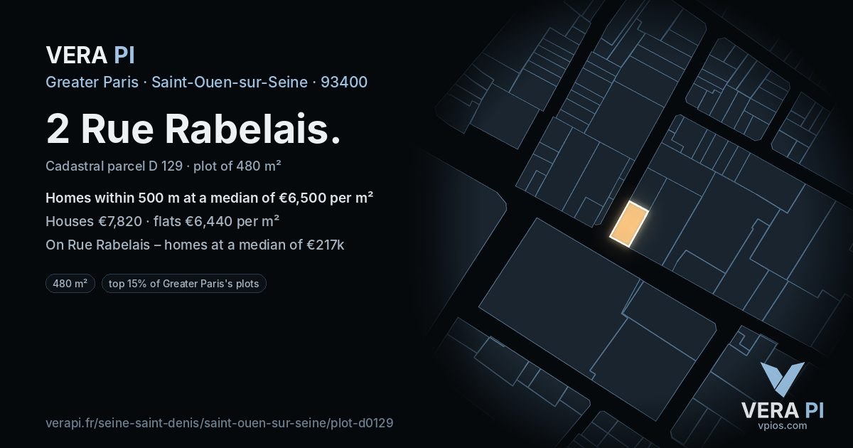 2 Rue Rabelais, Saint-Ouen-sur-Seine at night – the plot lit, the parcels around coloured by the prices near them