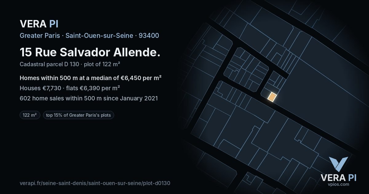 15 Rue Salvador Allende, Saint-Ouen-sur-Seine at night – the plot lit, the parcels around coloured by the prices near them