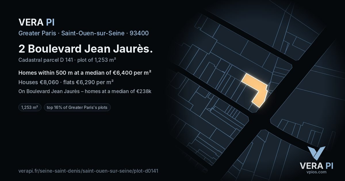 2 Boulevard Jean Jaurès, Saint-Ouen-sur-Seine at night – the plot lit, the parcels around coloured by the prices near them