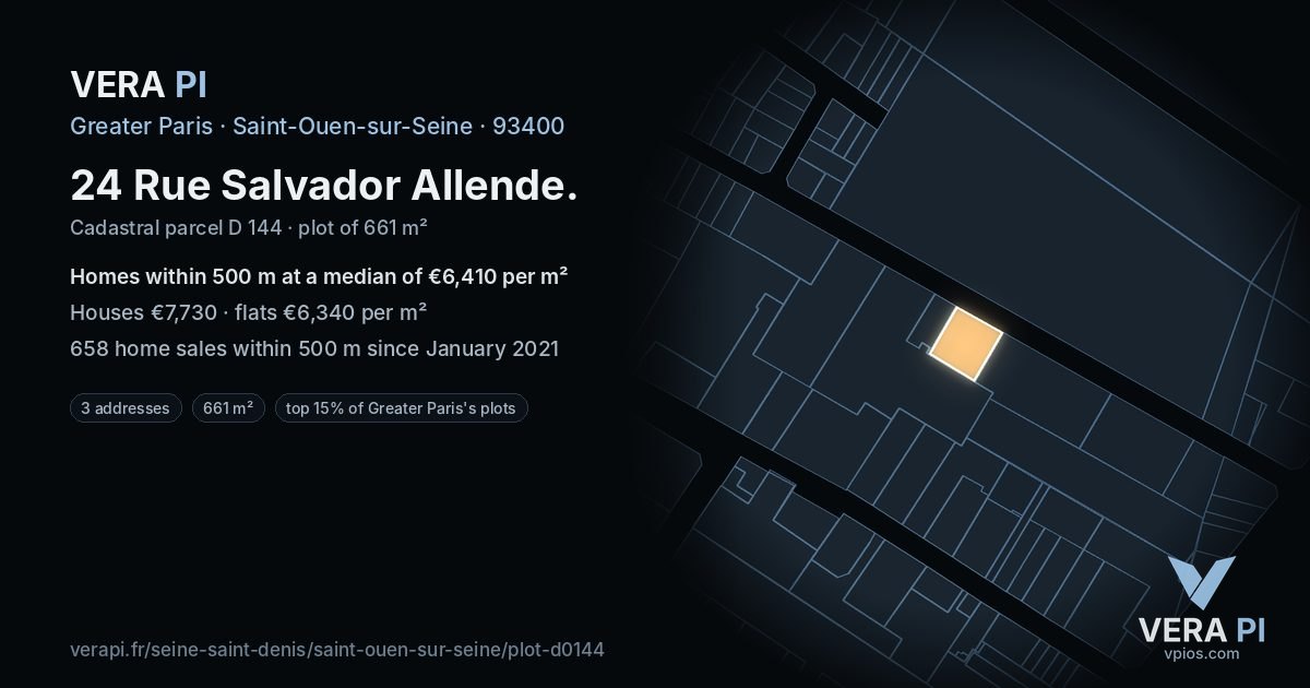 24 Rue Salvador Allende, Saint-Ouen-sur-Seine at night – the plot lit, the parcels around coloured by the prices near them