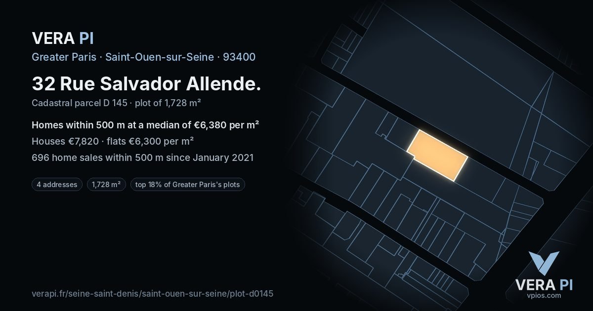 32 Rue Salvador Allende, Saint-Ouen-sur-Seine at night – the plot lit, the parcels around coloured by the prices near them