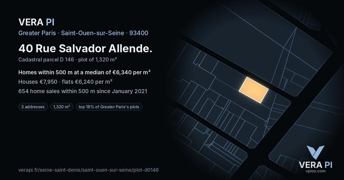 40 Rue Salvador Allende, Saint-Ouen-sur-Seine at night – the plot lit, the parcels around coloured by the prices near them