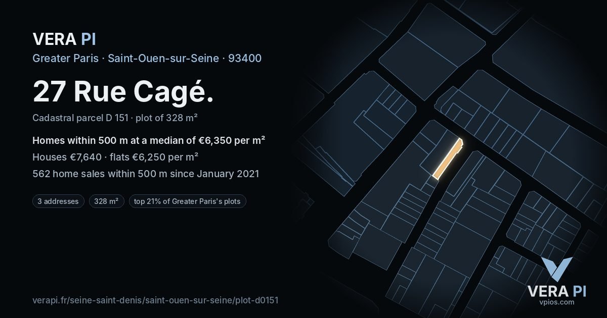 27 Rue Cagé, Saint-Ouen-sur-Seine at night – the plot lit, the parcels around coloured by the prices near them