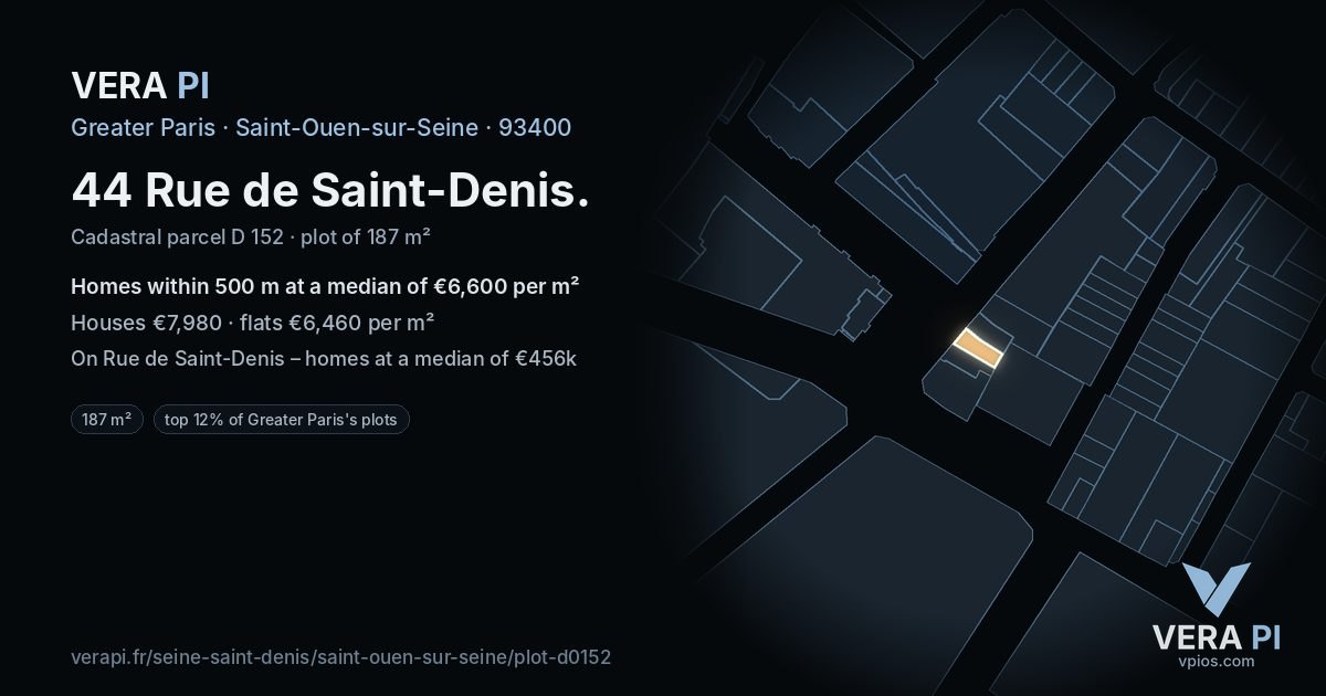 44 Rue de Saint-Denis, Saint-Ouen-sur-Seine at night – the plot lit, the parcels around coloured by the prices near them