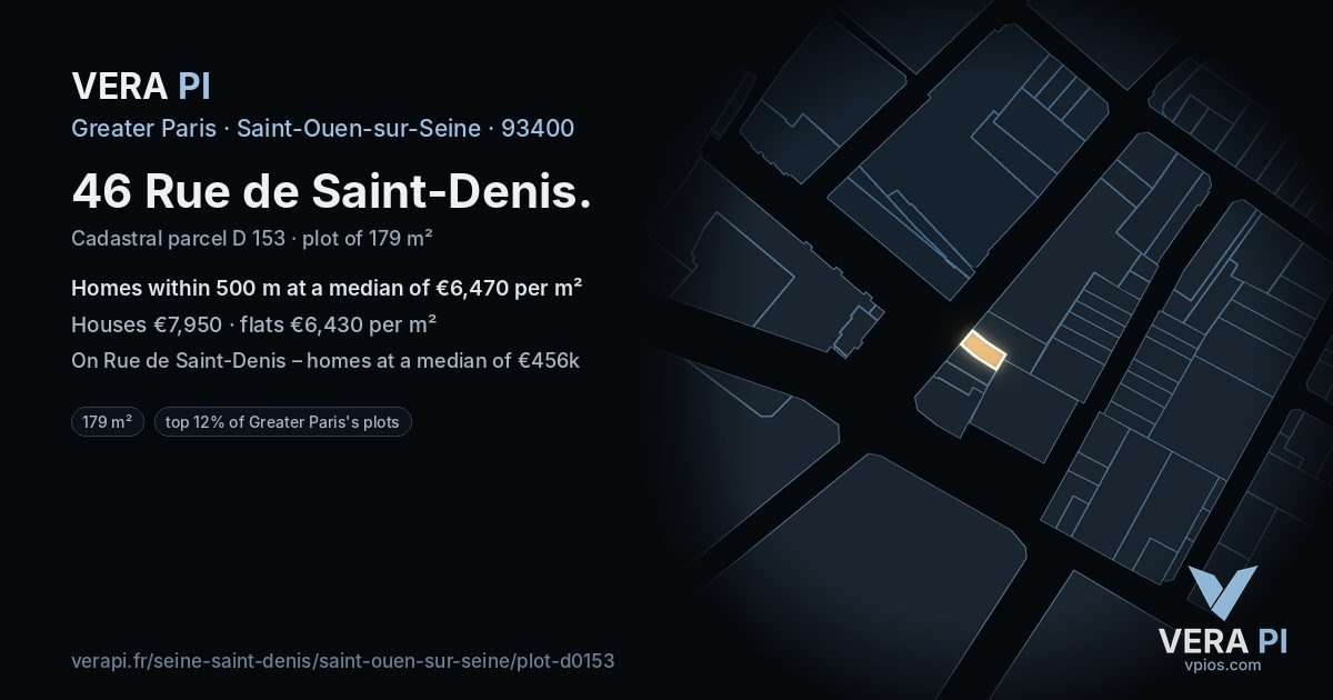 46 Rue de Saint-Denis, Saint-Ouen-sur-Seine at night – the plot lit, the parcels around coloured by the prices near them