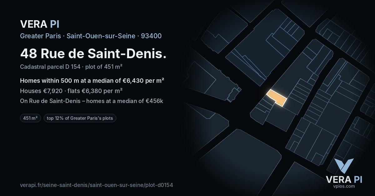 48 Rue de Saint-Denis, Saint-Ouen-sur-Seine at night – the plot lit, the parcels around coloured by the prices near them