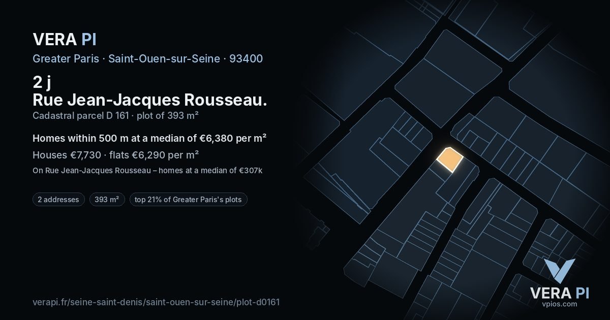 2 j Rue Jean-Jacques Rousseau, Saint-Ouen-sur-Seine at night – the plot lit, the parcels around coloured by the prices near them
